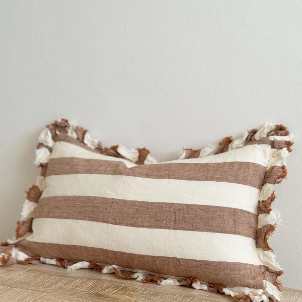 Hallie Ruffled Linen Cushion –Wide Rust Stripe 50x 30cm