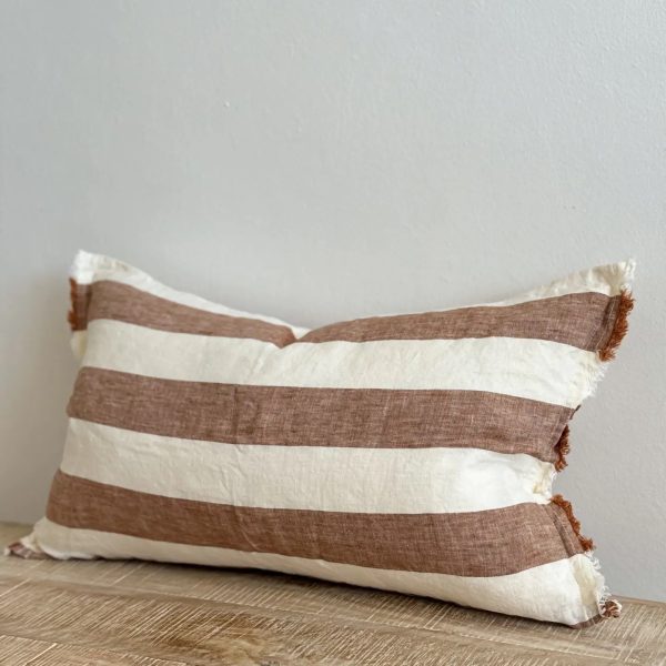 Esmee Frayed Edge Linen Cushion Cover – Rust Wide Stripe