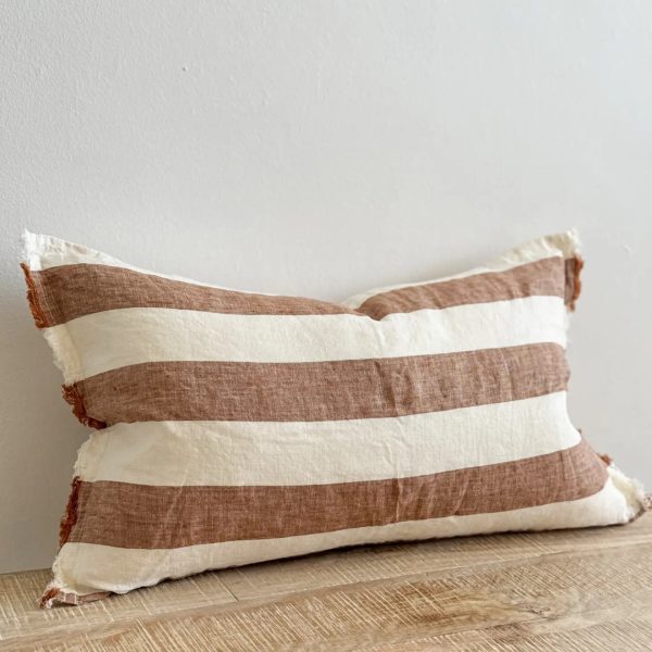 Esmee Frayed Edge Linen Cushion Cover – Rust Wide Stripe - Image 2