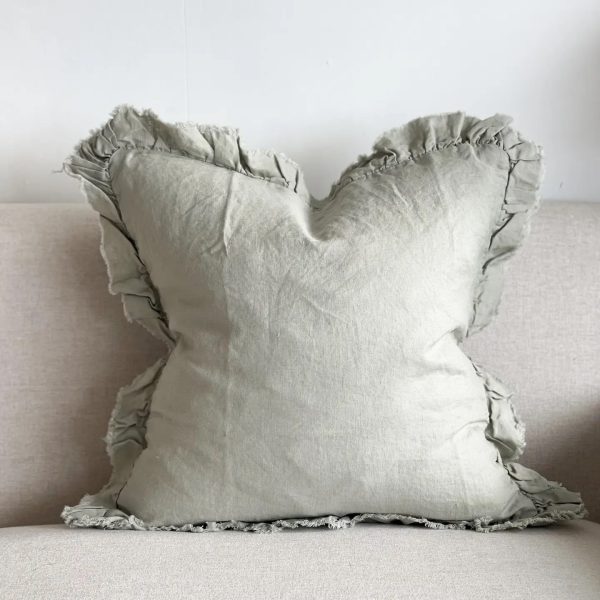 Hallie Ruffled Linen Cushion Cover 45×45 – Dusty Sage