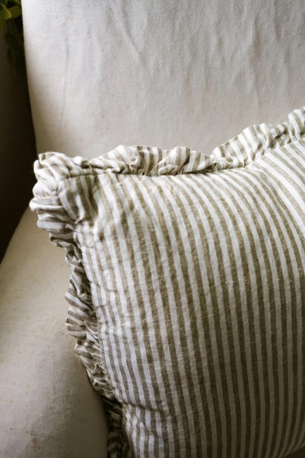 The Provence Ticking Stripe Washed Linen Cushion Olive 40x40cm - Image 2