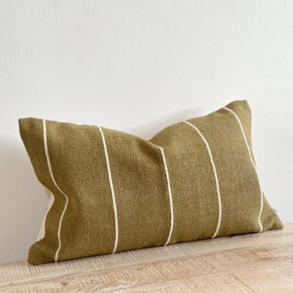 India Luxe Cotton Cushion 30x50cm - Olive & Cream Stripe