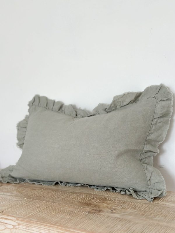 Hallie Ruffled Linen Cushion Cover 30x50cm – Dusty Sage