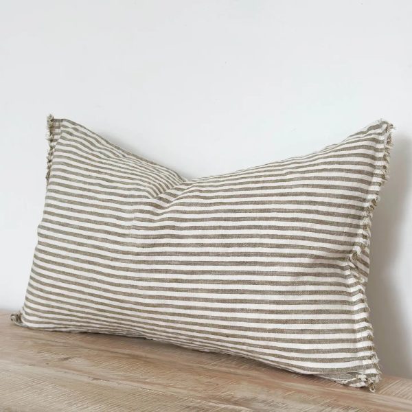 Esmee Linen Cushion  30x50cm – Frayed Edge Olive Stripe