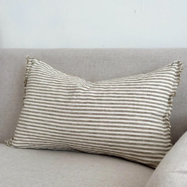 Esmee Linen Cushion  30x50cm – Frayed Edge Olive Stripe - Image 3