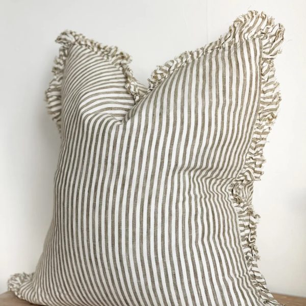 Hallie Ruffled Linen Cushion 45cm – Olive Stripe