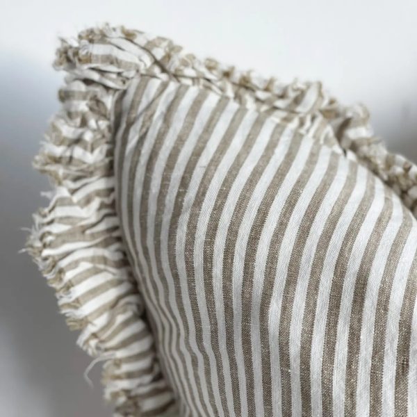 Hallie Ruffled Linen Cushion 45cm – Olive Stripe - Image 2